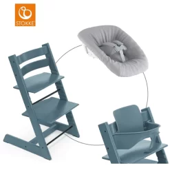 STOKKE® Mega Tripp Trapp® Set Hochstuhl Buche Fjord Blue Inkl. Newborn Set™ Grey Und Baby Set Fjord Blue